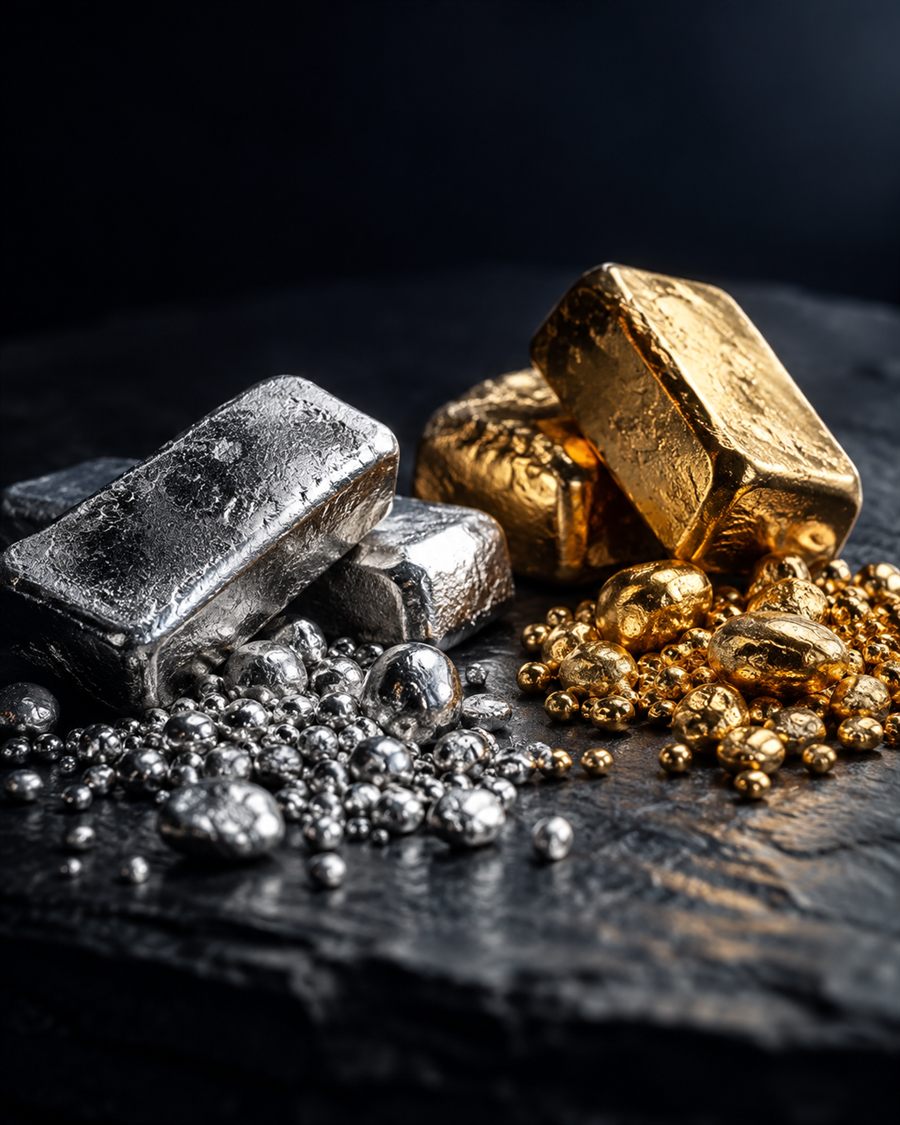 Slitky a granule zlata a platiny na tmavé břidlici