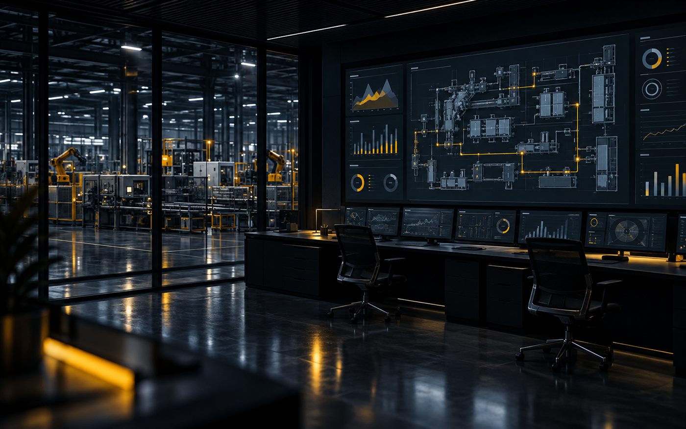 Factory control room at night with a wall of production dashboards